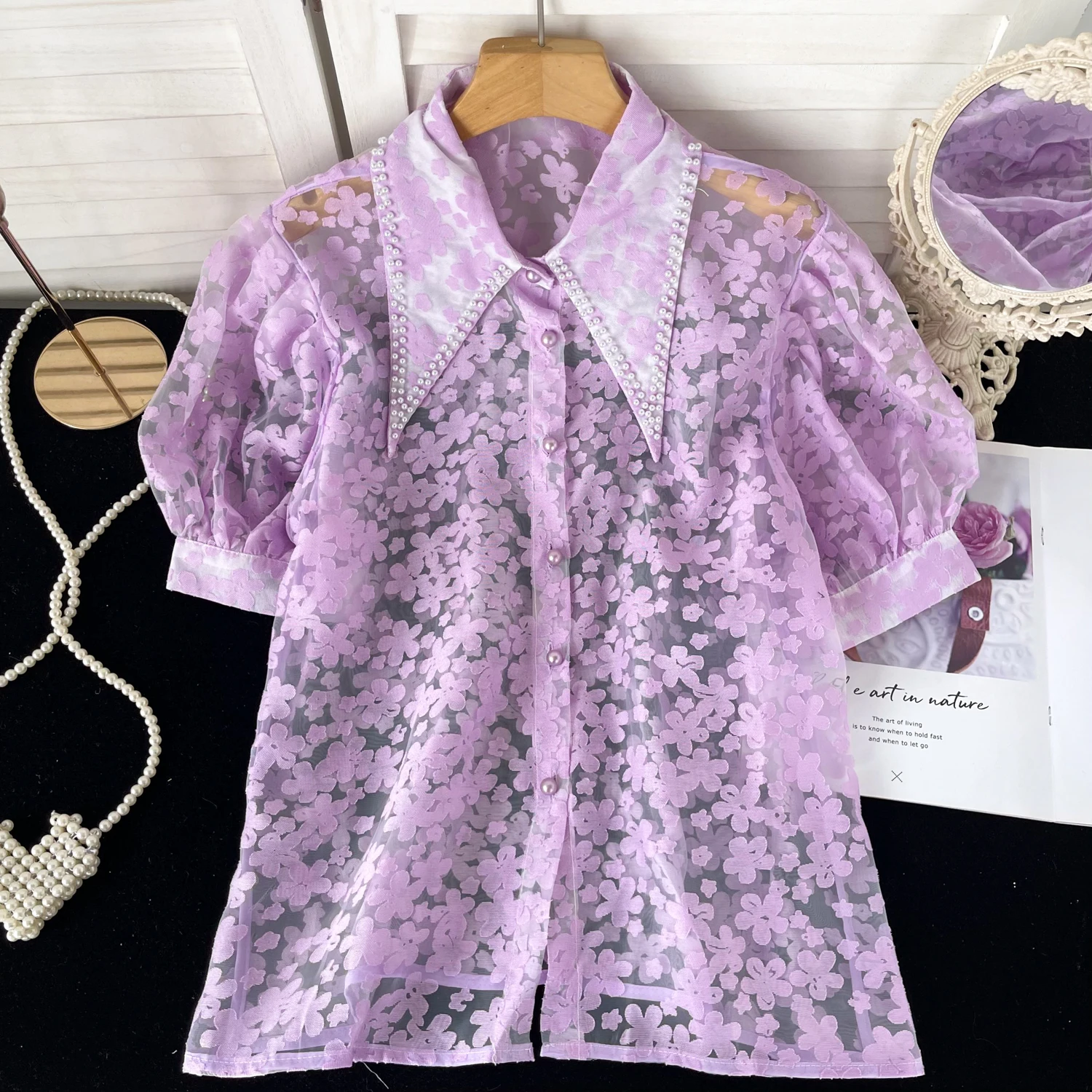 Vintage Bubble Sleeve Floral Shirt For Women Summer Mesh Hollow Out Light Luxury Gentle Atmosphere Blouse Top