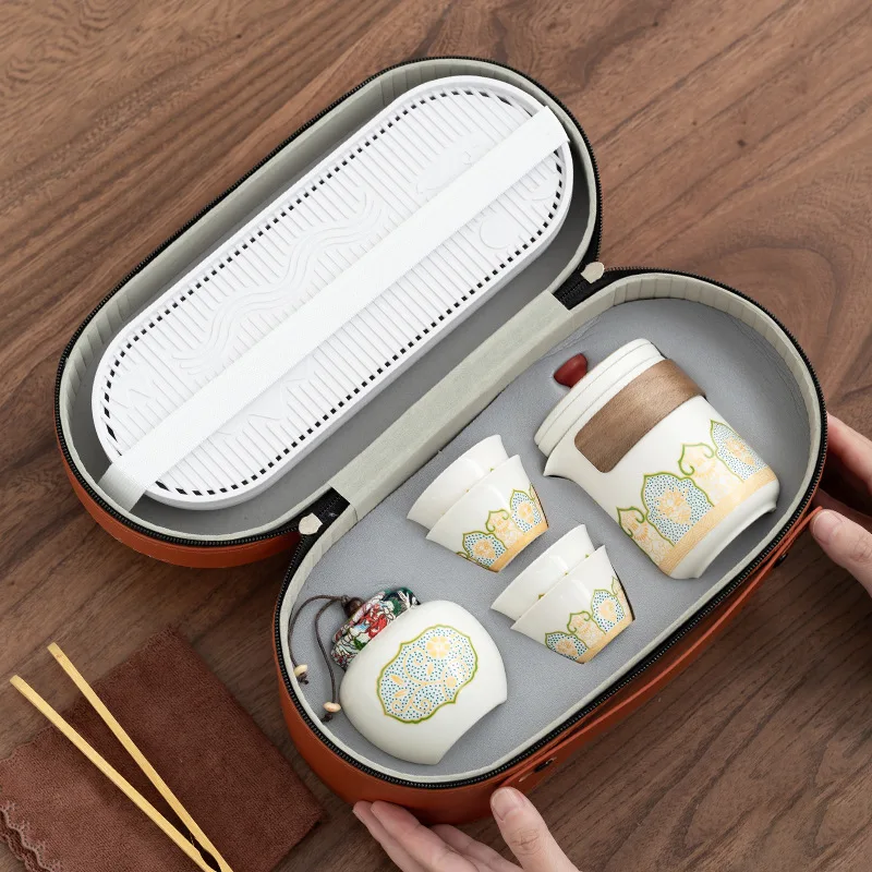 Portable Travel Tea Set with Compact Storage Kung Fu Ceramic for Outdoor Camping and Business Gifts Quick Tea Cup Set