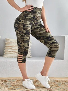 Damskie legginsy Capri w dużych rozmiarach z wycięciami w paski z boku Stylowe, elastyczne, dzianinowe, sportowe, modne spodnie na co dzień