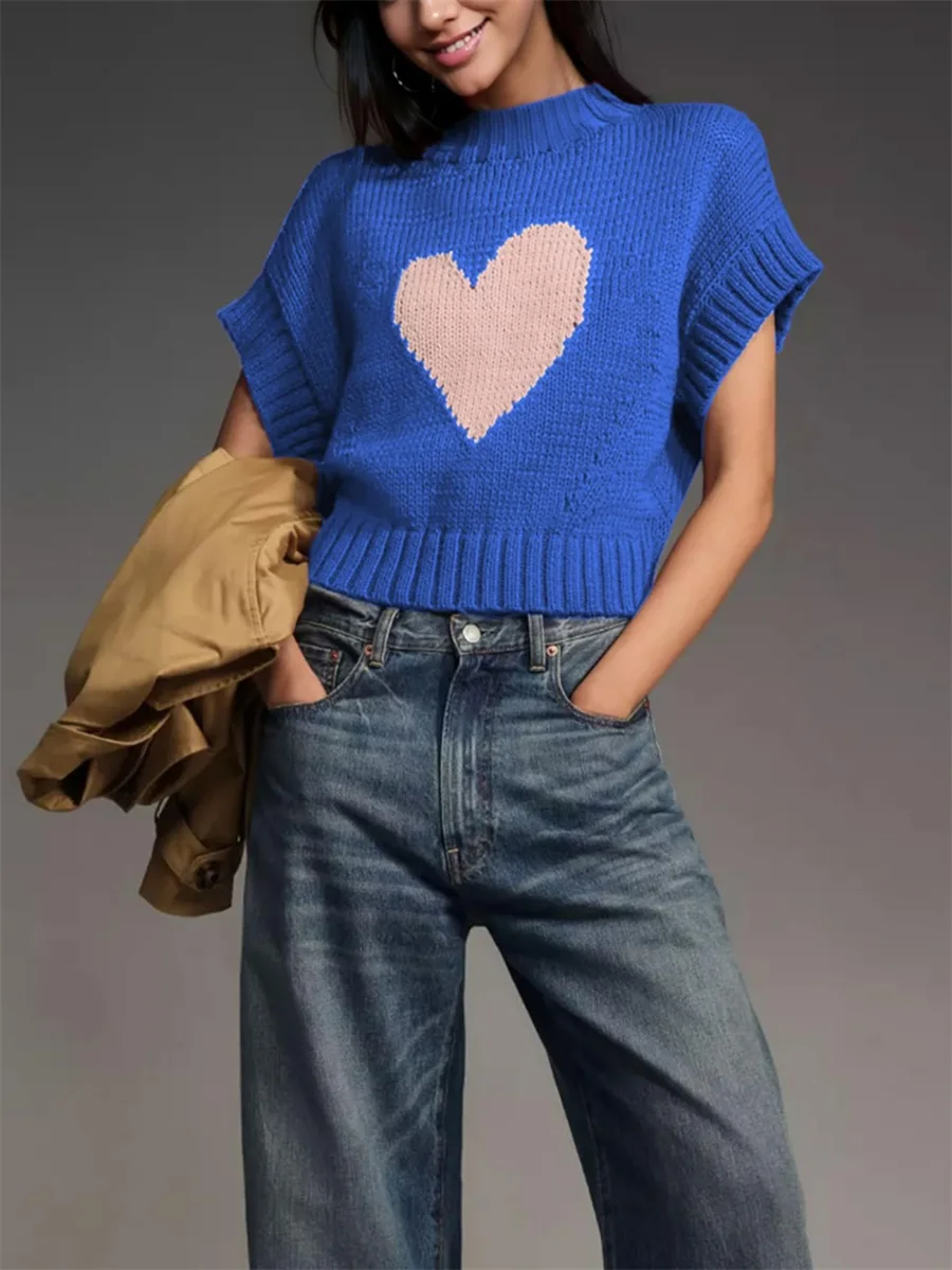 

Womens Short Sleeve Heart Love Connected Sleeve Mid Neck Sweater Crop Knitted Tops Casual Streetwear for Daily Office Party