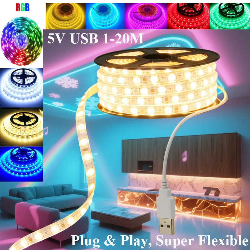 RGB LED Strip Light 0.5m-5m Non-Waterproof per Meter Addressable 5V SMD5050 Chip Flexible Ribbon Tape for Home Decoration