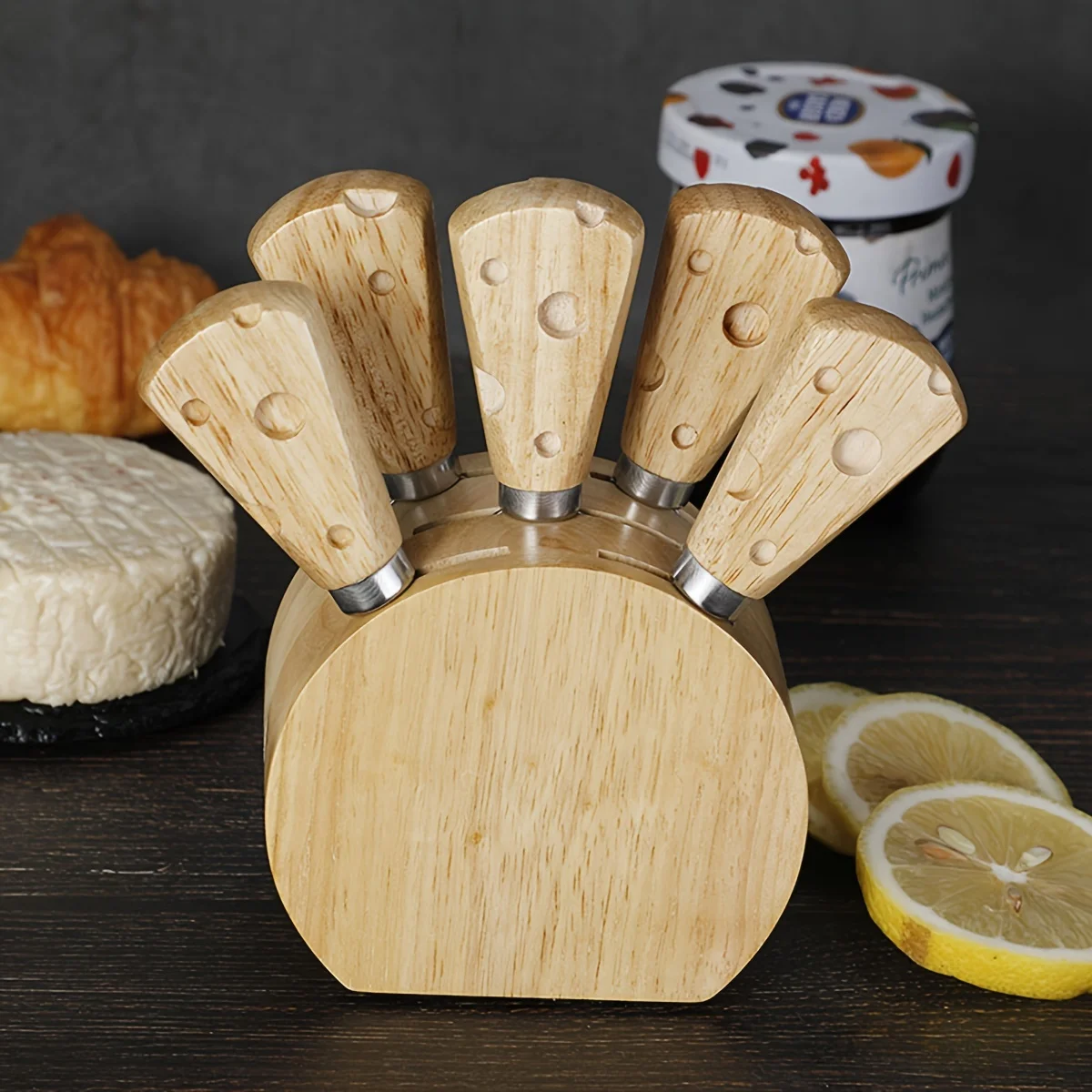 

Rubberwood Handle Cheese Knife Set 6PCS Stainless Steel Cheese Cutlery with Wooden Stand