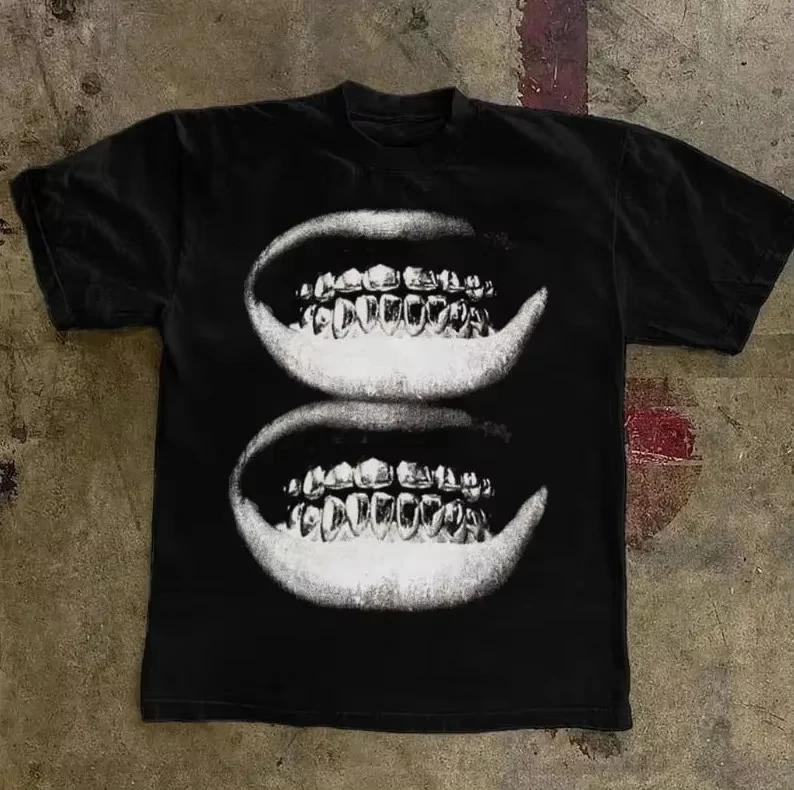 Chic Lips, Golden Teeth, Retro T-shirt, Rock Gothic Casual Men's Summer Short Sleeve, High Street, Large Pattern Print