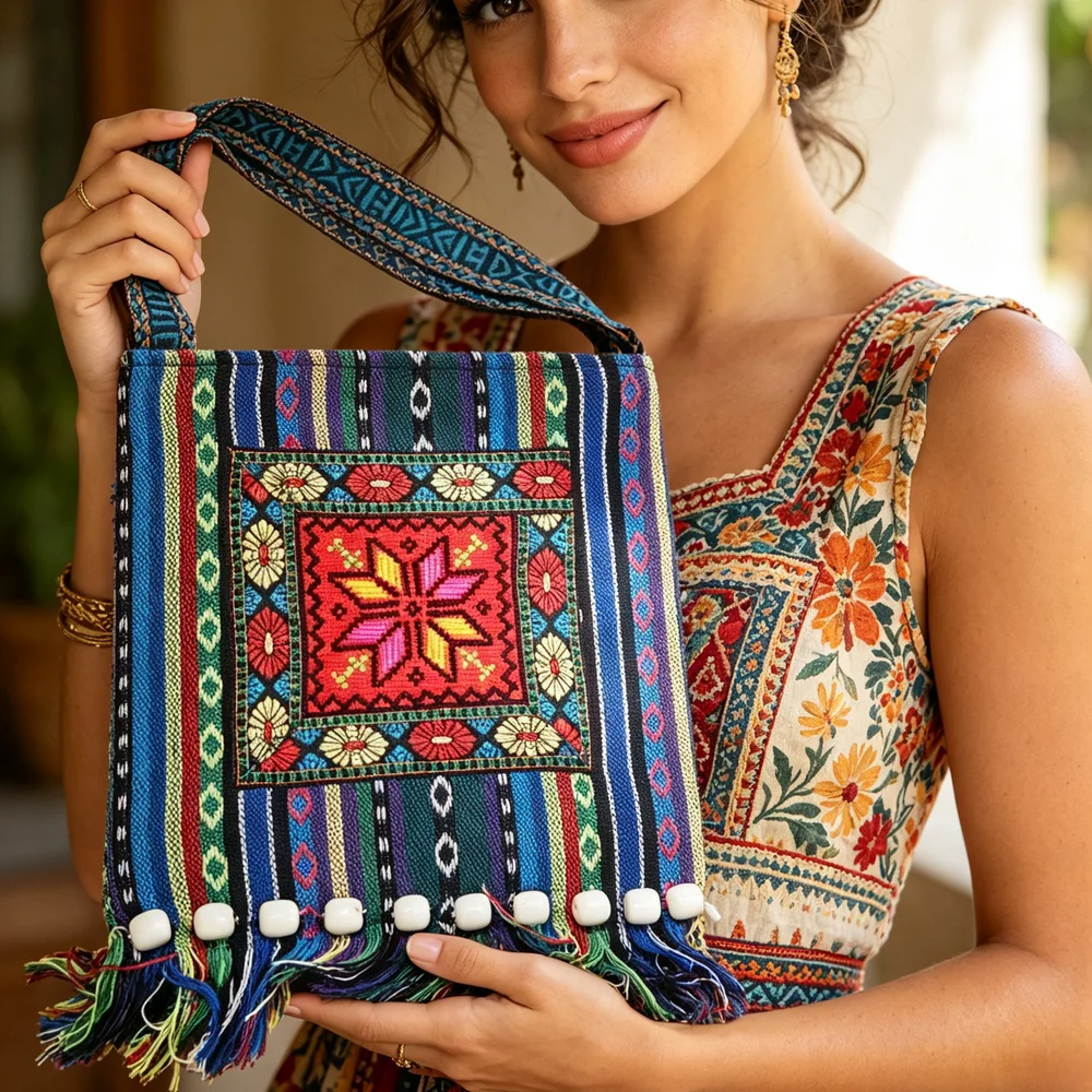 Blue Ethnic Woven Crossbody Bag – Rectangular Shoulder Purse with Tassels & Beads, Lightweight & Bohemian