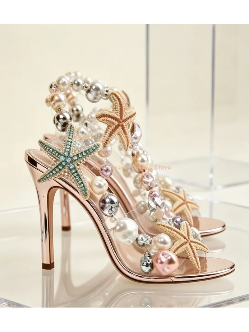 Baroque Pearl Starfish Decor High Heel Sandals Transparent PVC Open Toe Slingback Stiletto Heel Party Wedding Dress Shoes 2026