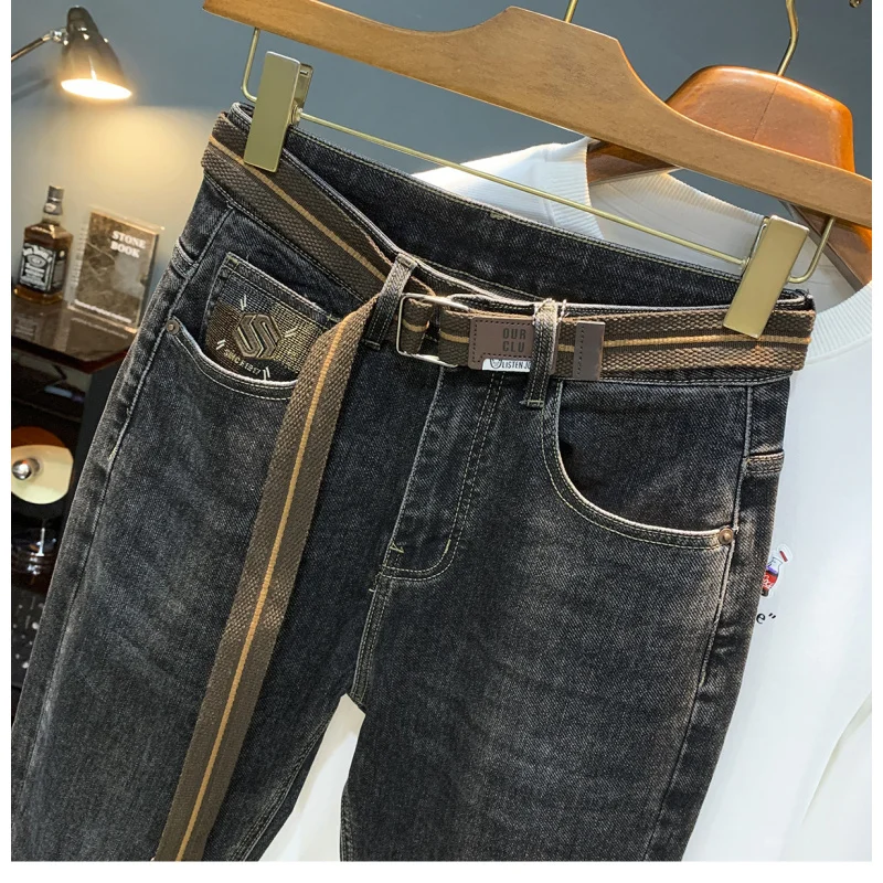 

High end quality men's jeans trend 2025 new autumn micro harem small foot embroidered elastic casual pants men