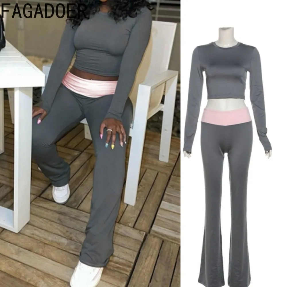 

FAGADOER Women 2 Piece Set Outfit Casual Solid Long Sleeve Crop Tops and Flare Pants Suit Fashion Female Y2k Streetwear Clothing