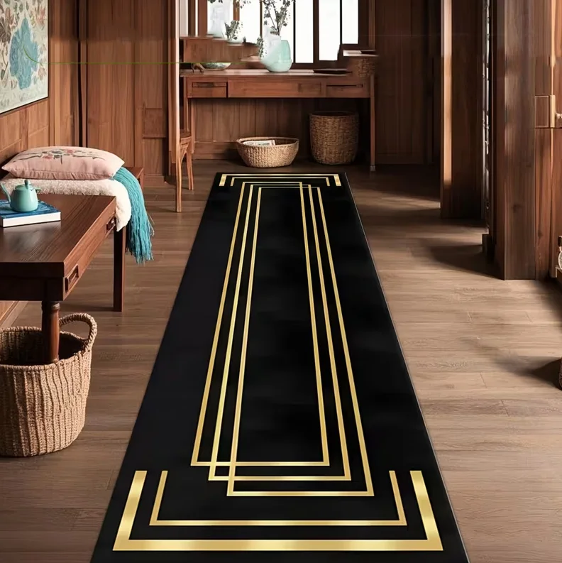 Moderne Schwarz-Gold Geometrische Laufmatten mit Rutschfester Oberfläche, Geeignet für Wohnzimmer, Schlafzimmer, Eingang, Moderne Wohnraumdekoration