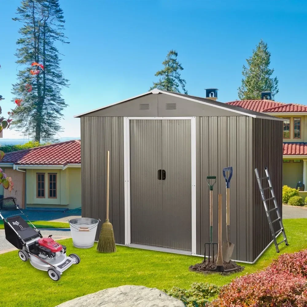 8 x 6 FT Outdoor Storage Shed, Metal Garden Shed with Floor Frame, Large Tool Shed Outdoor Storage with Lockable Sliding