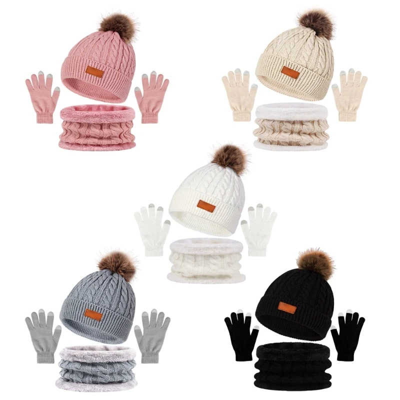 Adult Fashion Hat Scarf Gloves Set Touchscreens Gloves Unisex Warmth Knitted Hat