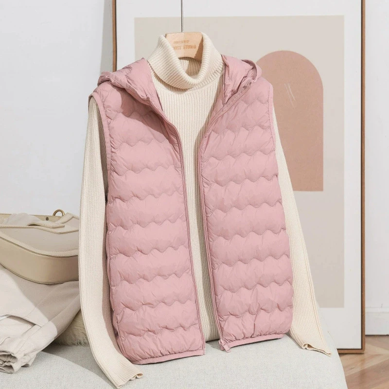 고품질 패션 가을 겨울 따뜻한 후드 달린 2026년 신상품 민소매 재킷 여성용 경량 화이트 덕다운 조끼