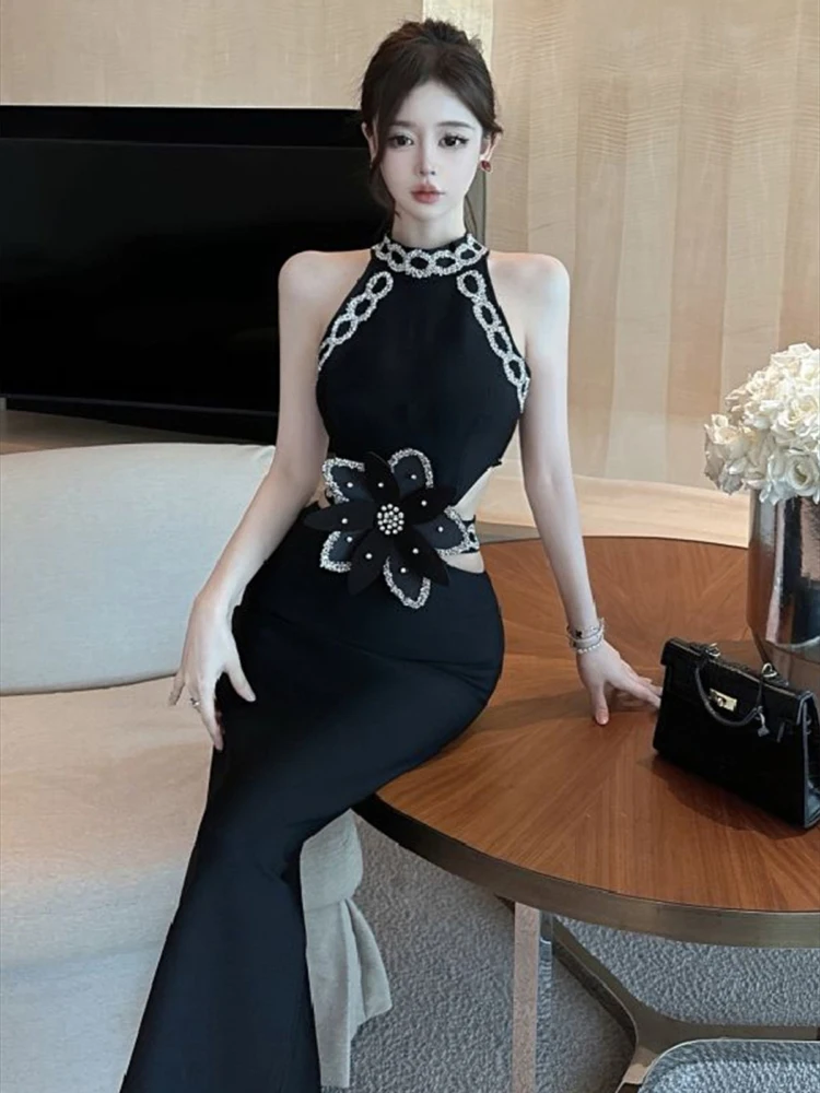 2024 Summer Elegant Temperament Sleeveless Off Shoulder Nail Drill Tight Dress Women Cinching Waist Slim Long Dress