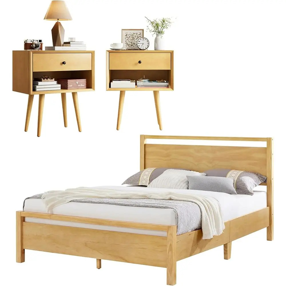 

3 Pieces Solid Wood Bedroom Set, Queen Platorm Bed e with board and ully Assembled Nightstand Set o 2 with Storage Der, ern Bedr