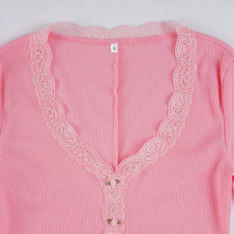 Macacão francês estilo doce renda patchwork com decote em V manga comprida slim fit para mulheres