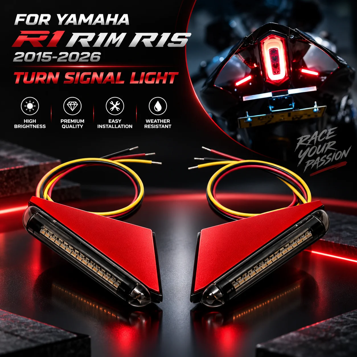 Motorcycle Rear Turn Signal Light Lamp Blinker For YAMAHA YZF R1 R1M R1S 2015-2026 Integrated LED Rear Turn Signals Indicators
