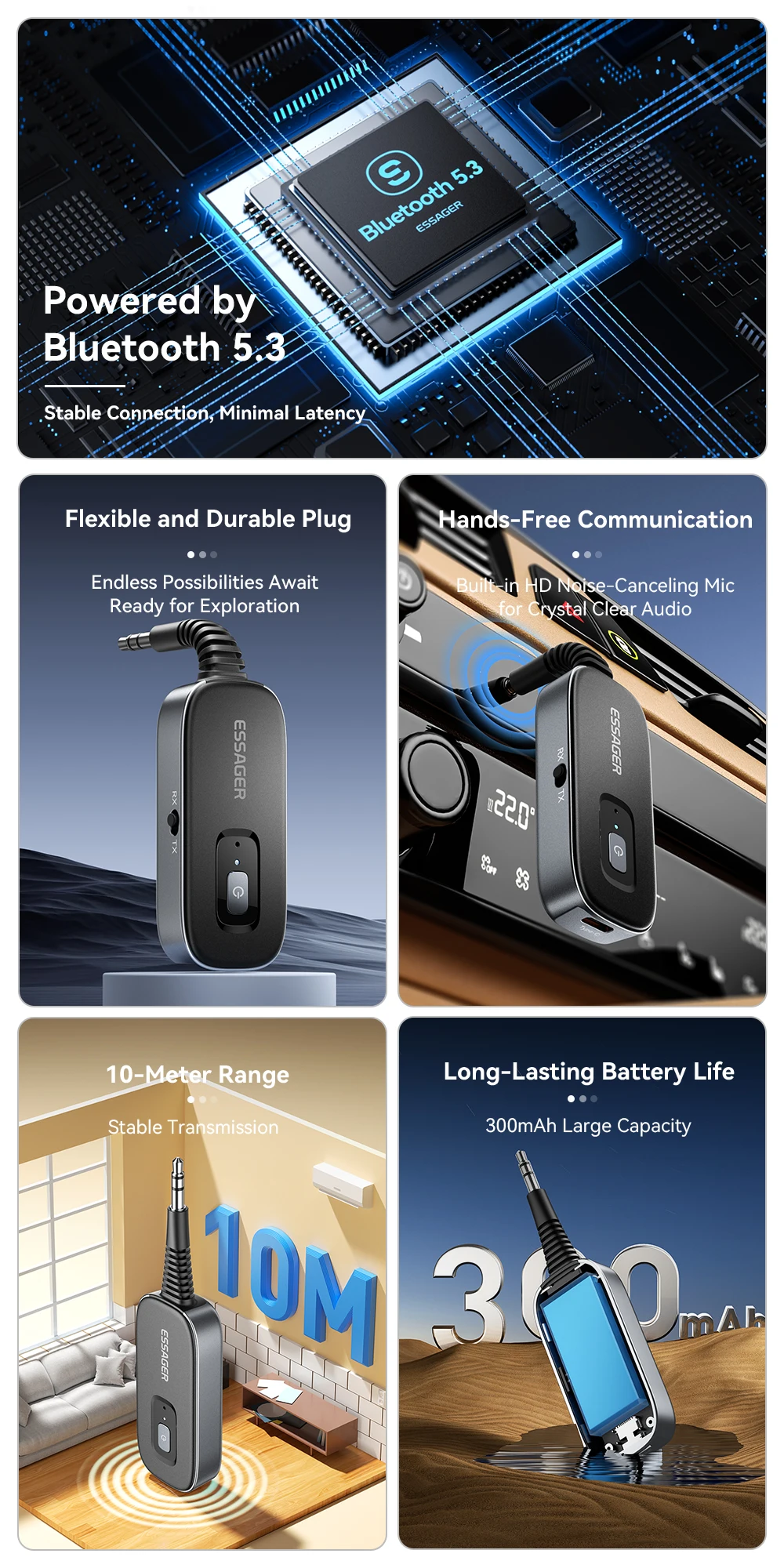 Essager 2-in-1 Bluetooth Audio Receiver Sender Wireless Bluetooth 5.1 3,5 mm AUX Audio Adapter Stereo für Kopfhörer TV Auto – Detail 3