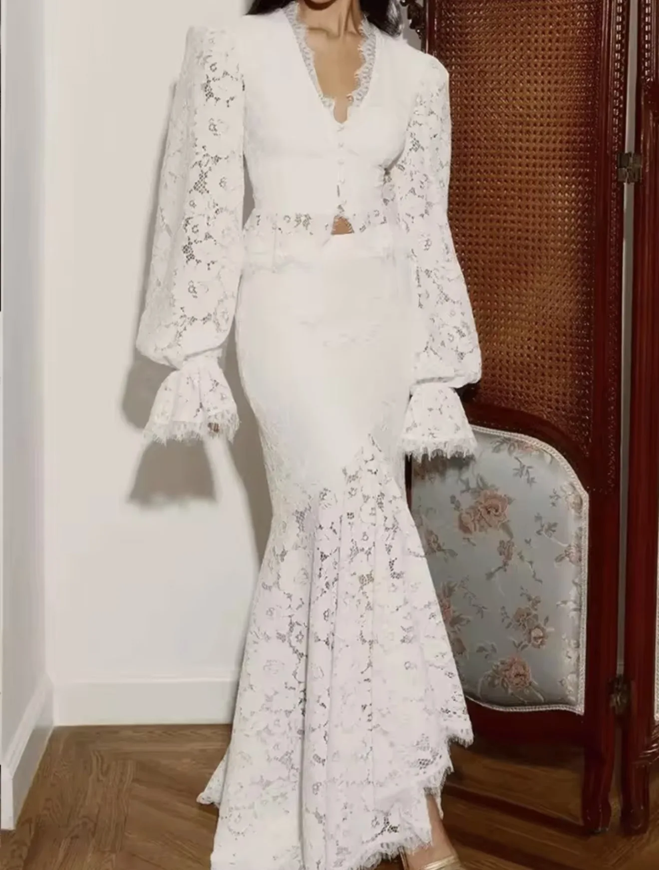 Mingmingxi Elegant White eyelash lace Lace Two Piece Set Autumn Long Sleeve Crop Top and Mermaid Skirt Women Matching Sets