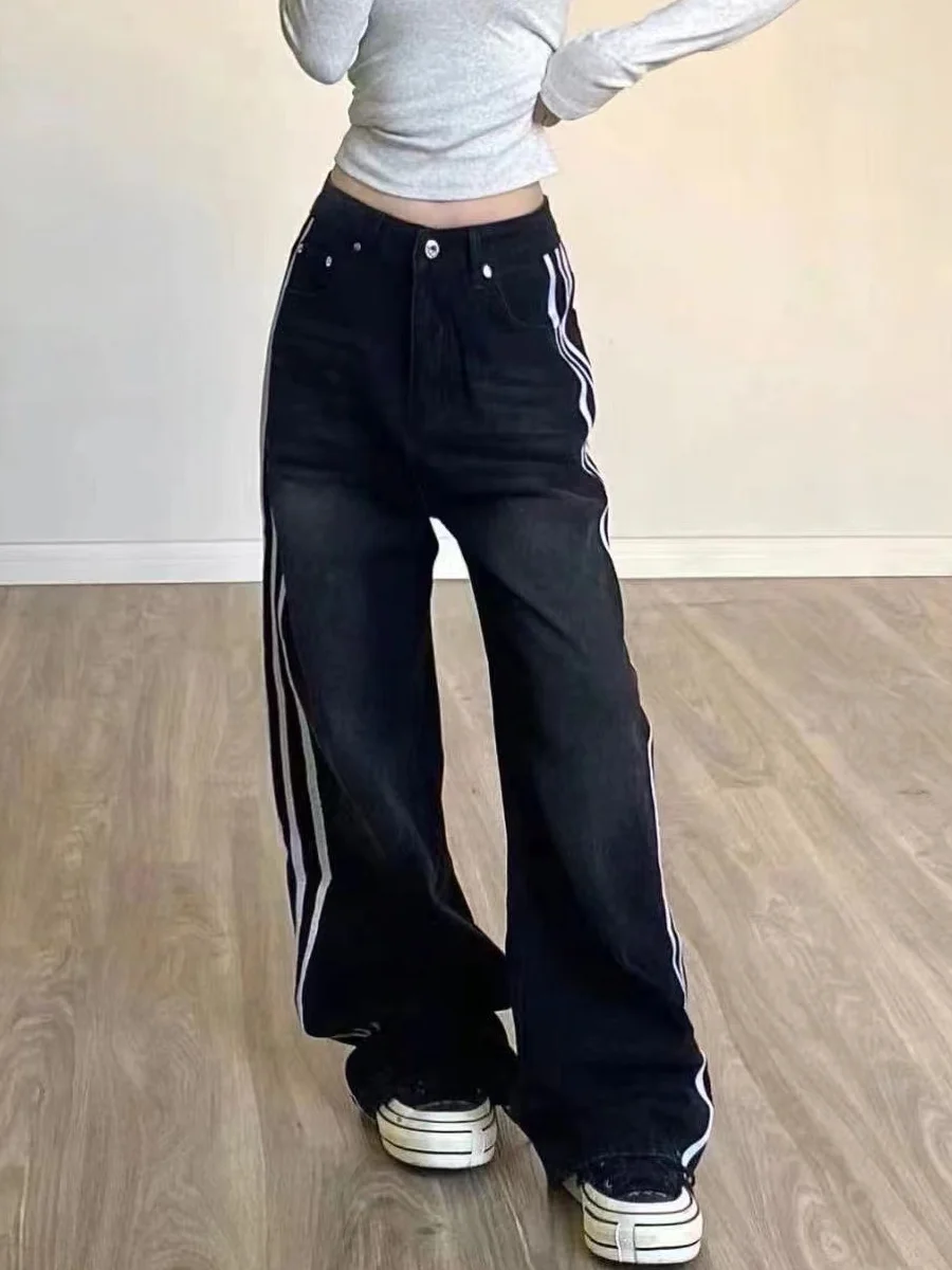 Jeans da donna con design a righe a gamba larga retrò americano a vita alta, vestibilità ampia, dimagranti, taglio dritto, pantaloni in denim autunno nuovo Sle