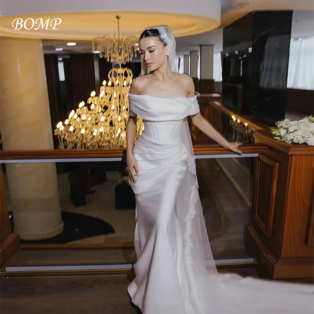 Bomp elegante vestido de casamento querida fora do ombro plissado sereia trem varredura branco tafetá vestido de noiva personalizado novia