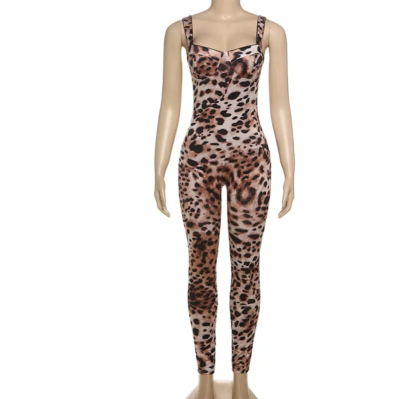 2025 Spring Women Sexy Leopard Print Jumpsuits Fashion Low Neck Suspendency Body-shaping Wild Overalls Midnight Clubwear Rompers