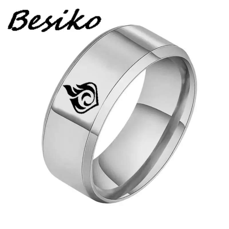 Besiko High Quality 316L Stainless Steel Anime Cosplay Ring Genshin Impact Rings Water Wind Thunder Fire Rock Ice Grass Jewelry