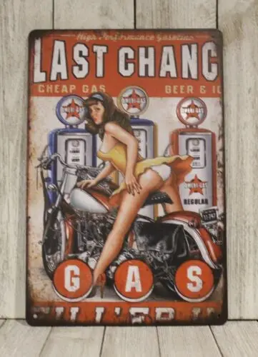 Last Chance Gas Station Sexy Pinup Girl Tin Metal Sign Auto Car Mechanic Garage-Aluminum