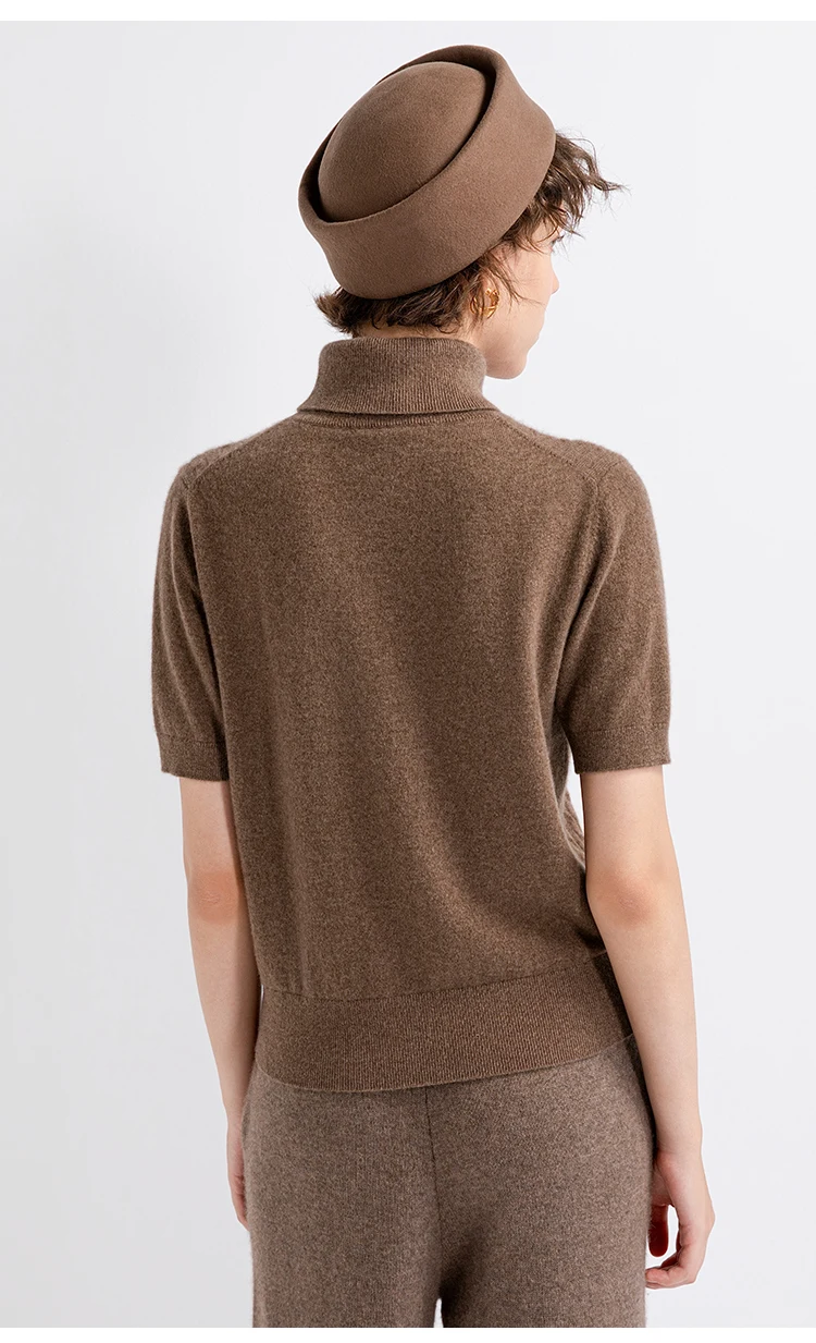 TH662122 Damen Rollkragenpullover mit Zopfmuster, Kurzarm, 100% Kaschmir, Gerippter Saum, Gemütlich, Lässig-Schick, Frühherbst – Detail 12