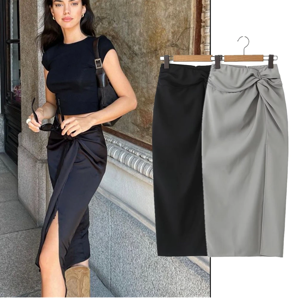 

Jenny&Dave Fashion Ladies Casual Solid Color Skirt For Women 2024 New French Retro High Waist Pleated Slit Midi Skirt