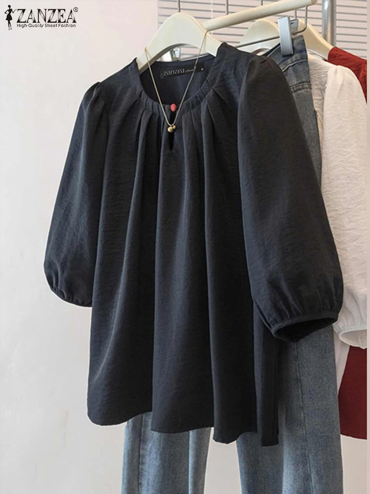 

ZANZEA Women Blouse 2025 Vintage Solid Color Summer Fashion Shirt 3/4 Sleeve O-Neck Casual Tunic Tops Loose Pleat Elegant Blusas