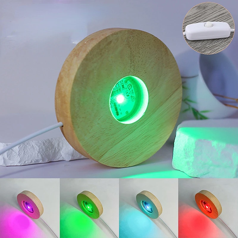 10cm Round Wooden Night Light Base Rechargeable LED Light Display Stand Lamp Holder Multi-color Lamp Base With Power Adapter