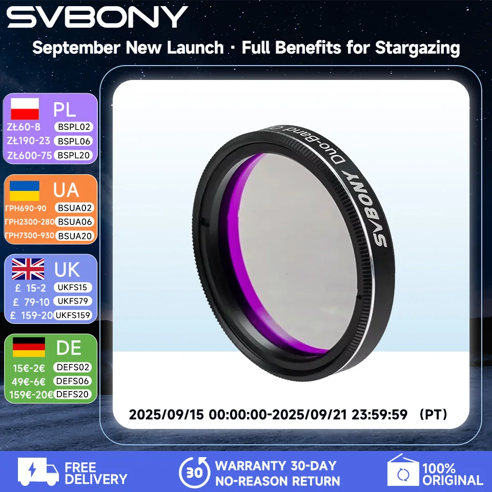 

SVBONY SV220 Telescope Filter, H-Alpha & OIII, 7nm Dual-Band 1.25"/2" Nebula Filter, for One-Shot Color Cameras Mounted