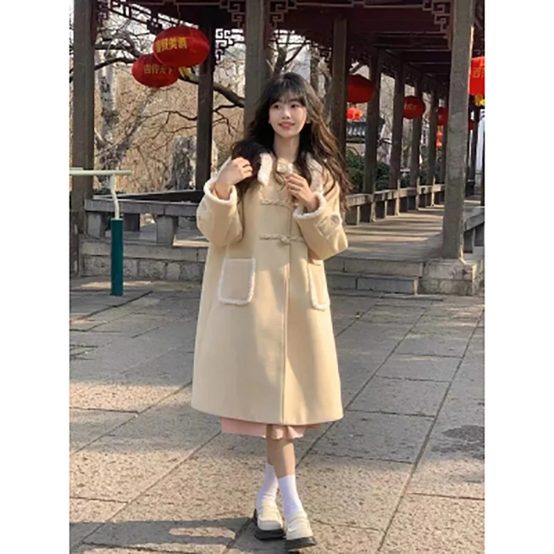 Creamy Yellow Premium Coat Women Autumn and Winter Lamb Wool Ox Horn Button Mid Length Cute Tweed Coat Female