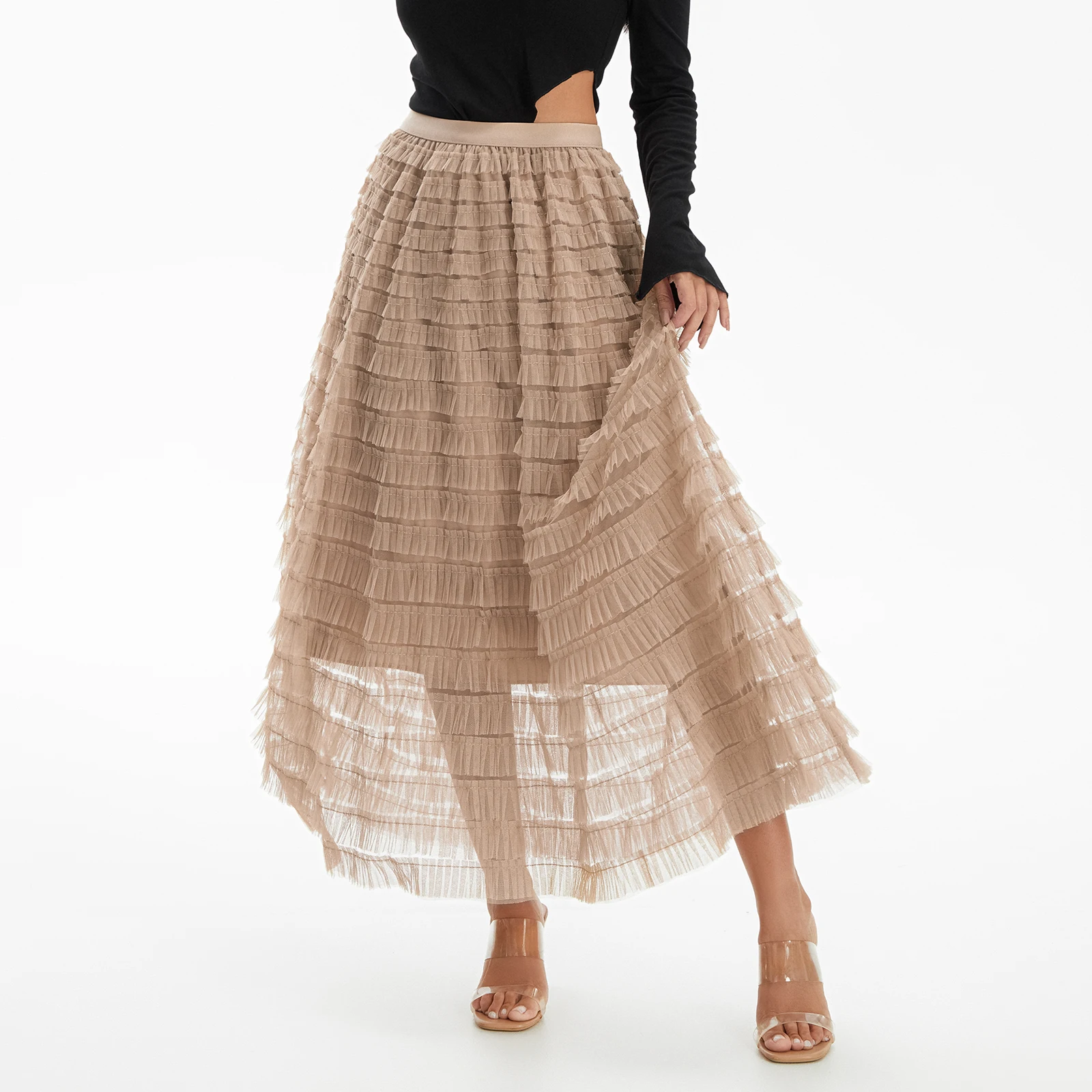 Women's Elegant Layered Tulle Frills Midi Skirts Solid Color Elastic High Waist Big Swing Casual Skirts for Spring Summer