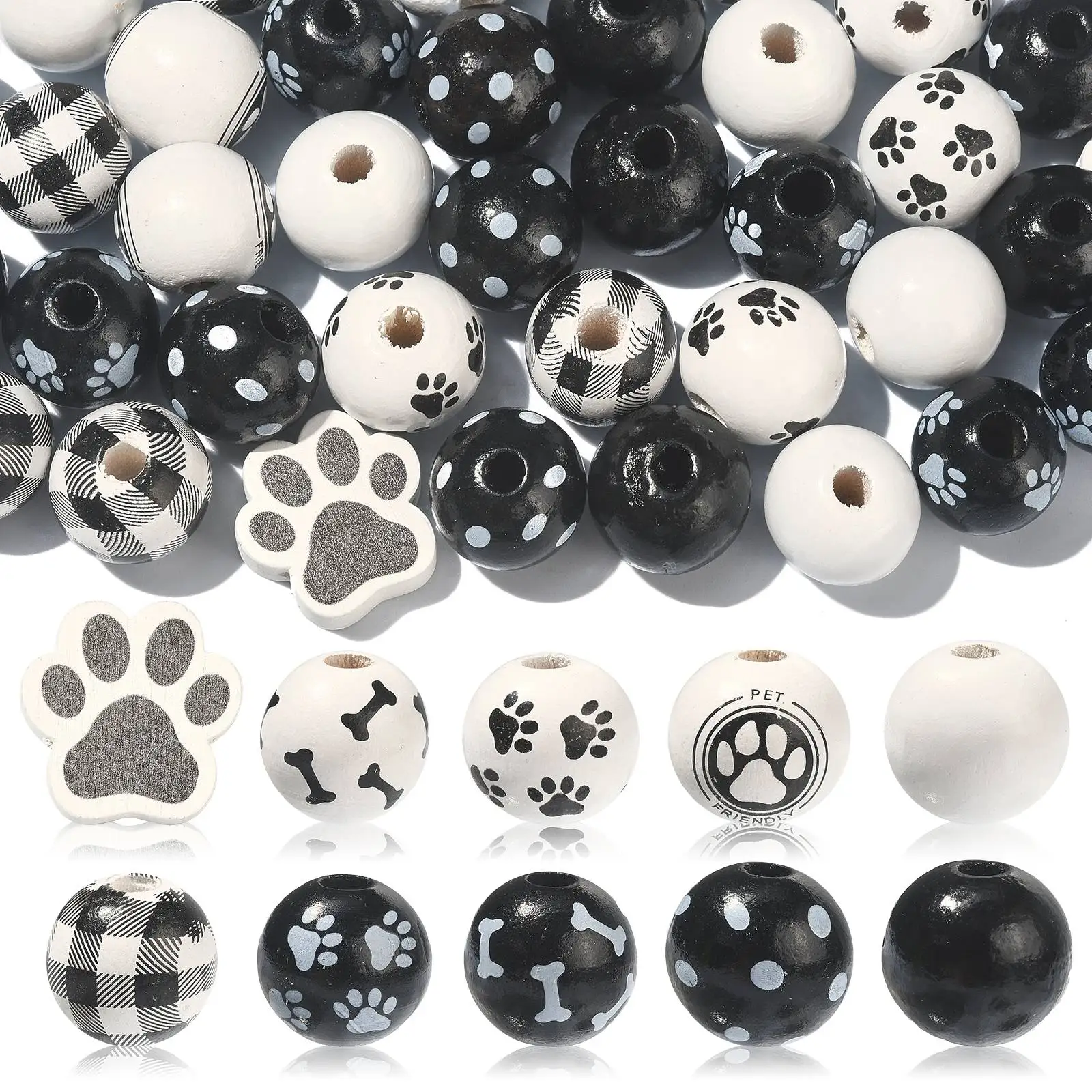 Pandahall 50Pcs 10 Styles Black and White Dog Theme Wood Beads Cute Pet Paw Beads Bulk for DIY Jewelry Making