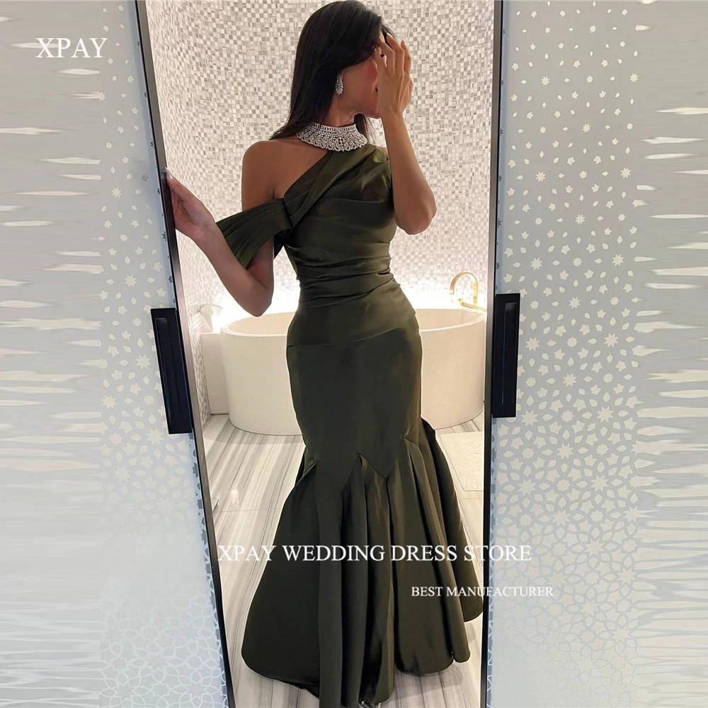 

XPAY Saudi Arabic Army Green Mermaid Prom Dresses Formal Party Crystal Neck Satin Vintage Evening Gowns Vestido de noche