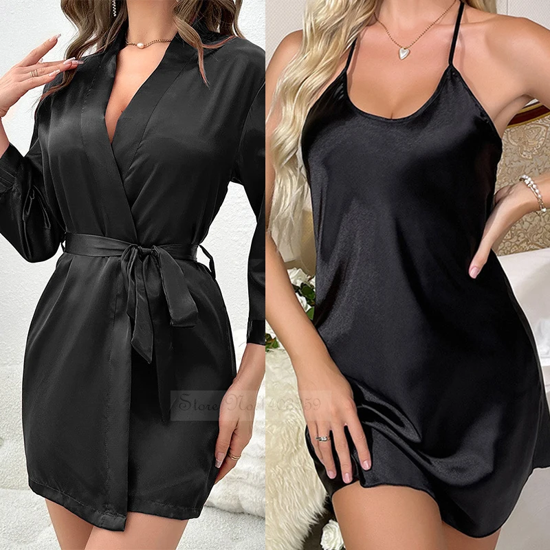 Duas peças soltas cetim Wedding Robe, camisola, Set Sleepwear, quimono Sexy, roupão vestido, Home Dressing, Loungewear