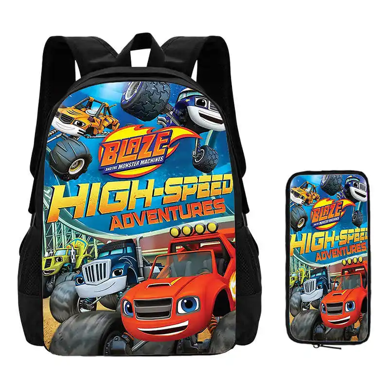 2Pcs Set Blaze and the Monster Machines School Backpack with Pencil Case ,Cartoon School Bags for Boys Girls , Kids Bookbags Set