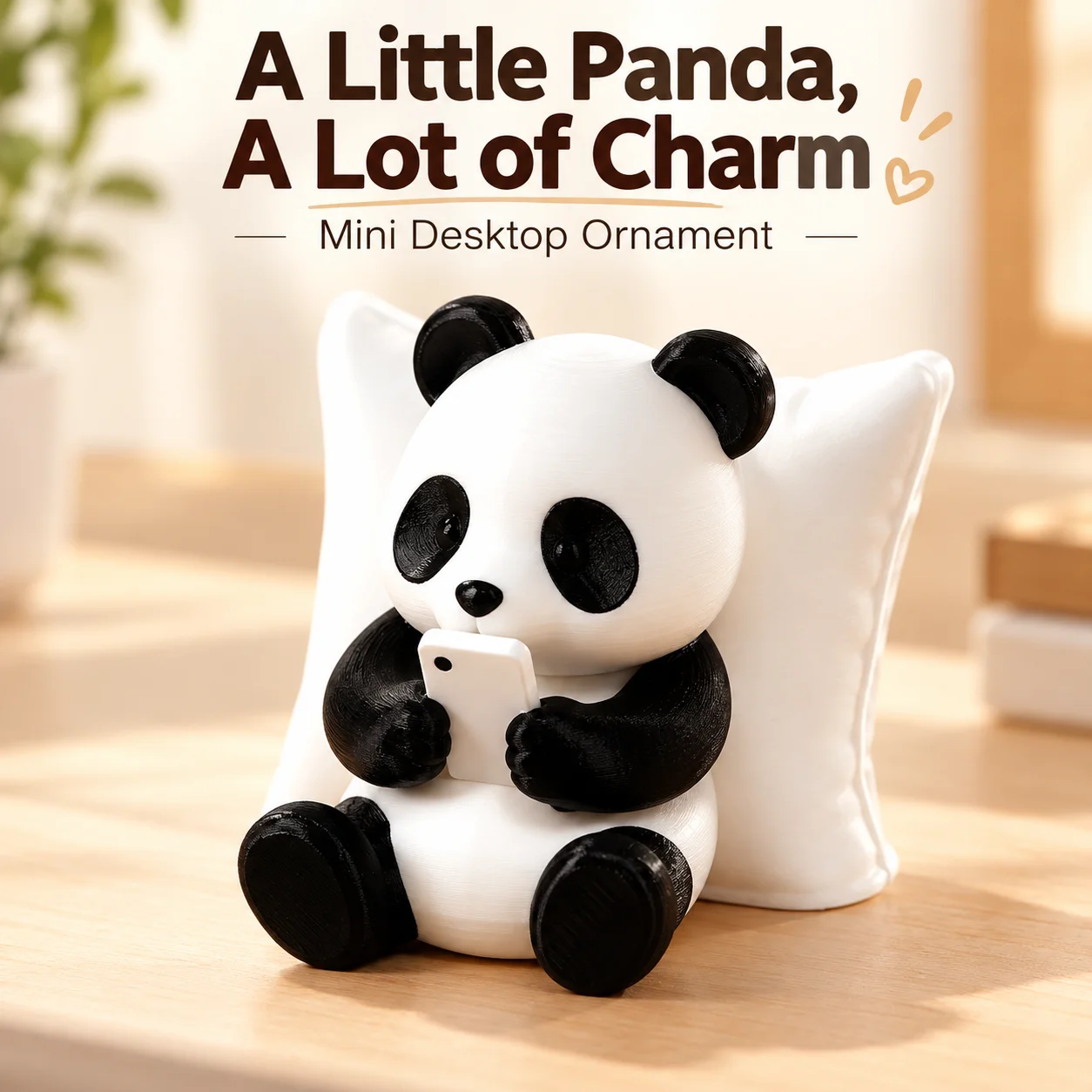 Cute Panda Desk Figurine Sitting with Pillow Playing Phone 3D Printed PLA Mini Ornament Shelf Bedside Office Decor Gift