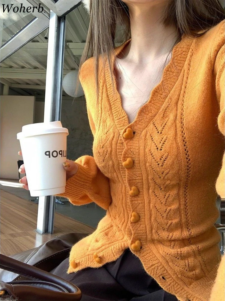 

Women's Clothes V Neck Autumn Slim Fit Cardigan Korean Single Breasted Sueter Mujer Hollow Out Knitting Sweater Chic Pull Femme