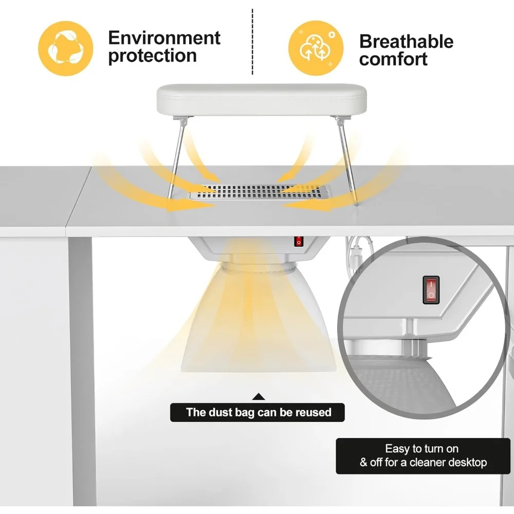 MESA DE MANICURA plegable, escritorio de uñas, estación de mesa de uñas rodante plegable con colector de polvo incorporado, longitud ajustable, almohadilla para la muñeca
