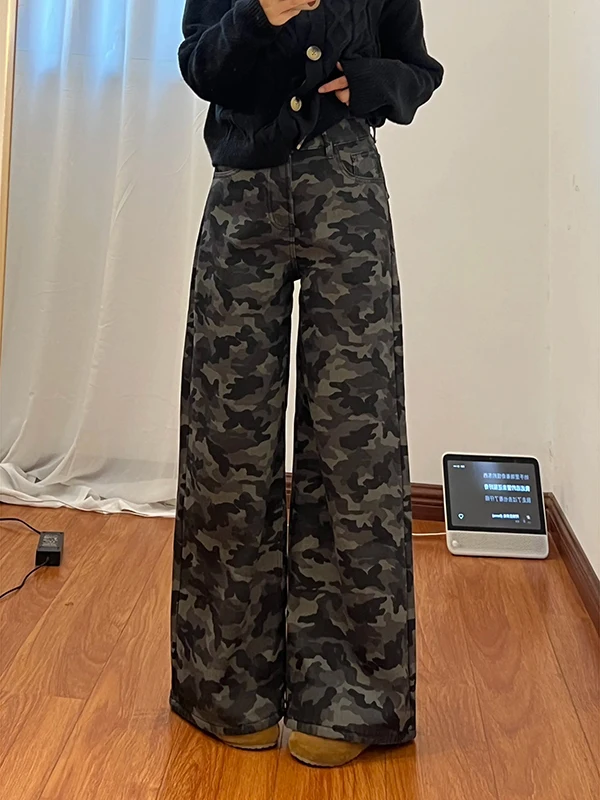 

American Retro Camouflage Wide Leg Jeans Women Loose Fit High Waist Casual Style Autumn Winter New Arrival PmORh Brand