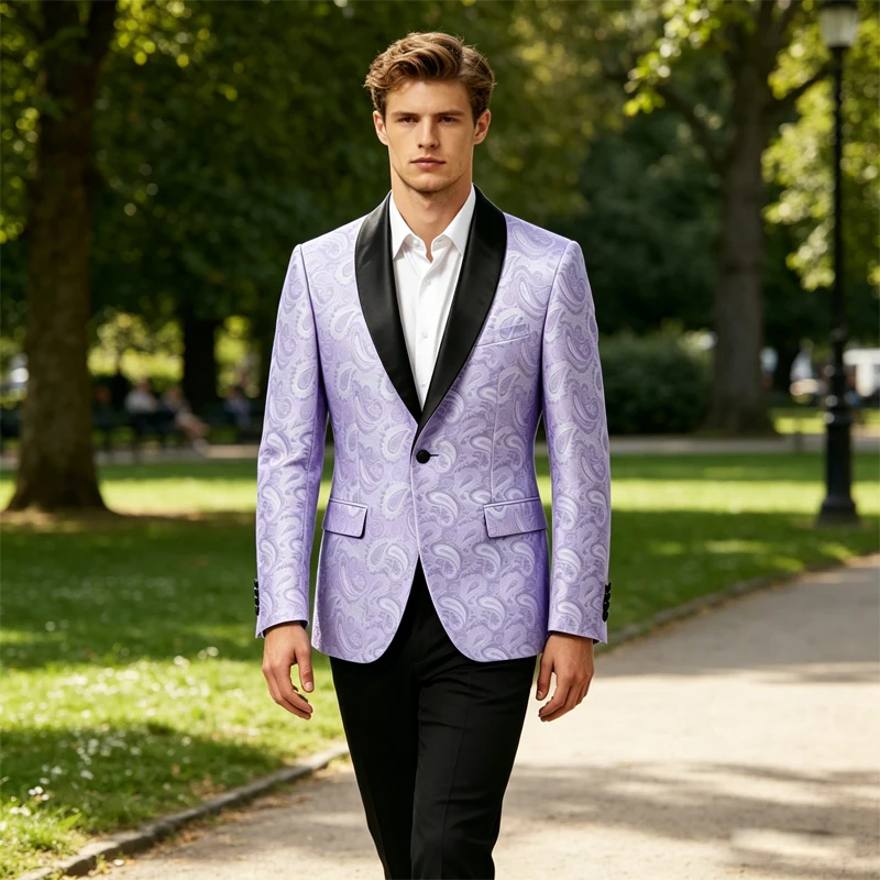 

Men's Paisley Jacquard Tuxedo Blazer Satin Shawl Lapel Slim Fit 1 Button Formal Jacket for Party Wedding Prom Coat
