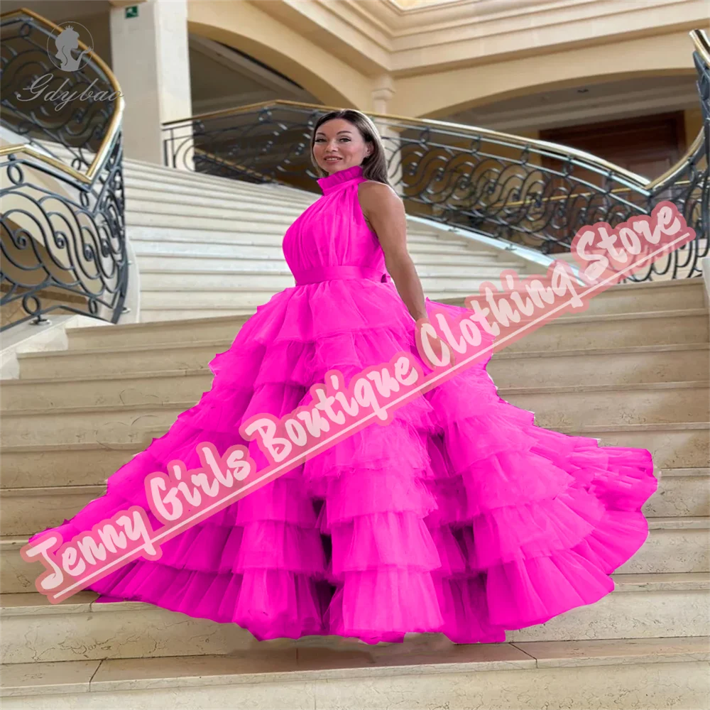 

Rose Women Adult Belt High Neck Sleeveless Pleat Vestidos Wedding Event Party Prom Dresses For Noche Evening Gown Customized