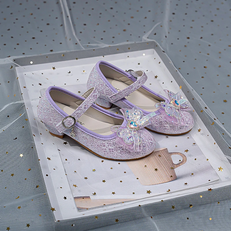 Girls Mary Jane Princess Low‑Heel Dress Shoes, Glitter Mesh Bow Square Rhinestone Decor Adjustable Strap Non‑Slip Kids Party