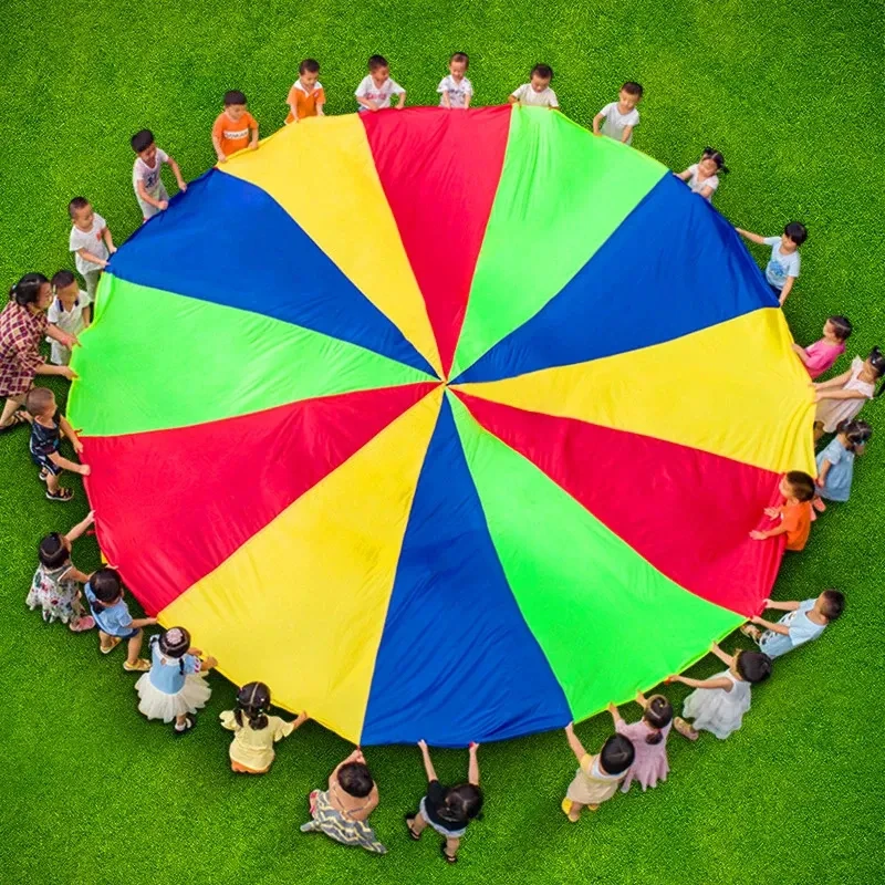 Paraguas de arcoíris para acampar al aire libre para múltiples personas, juguete de paracaídas, saco de salto, juego interactivo de trabajo en