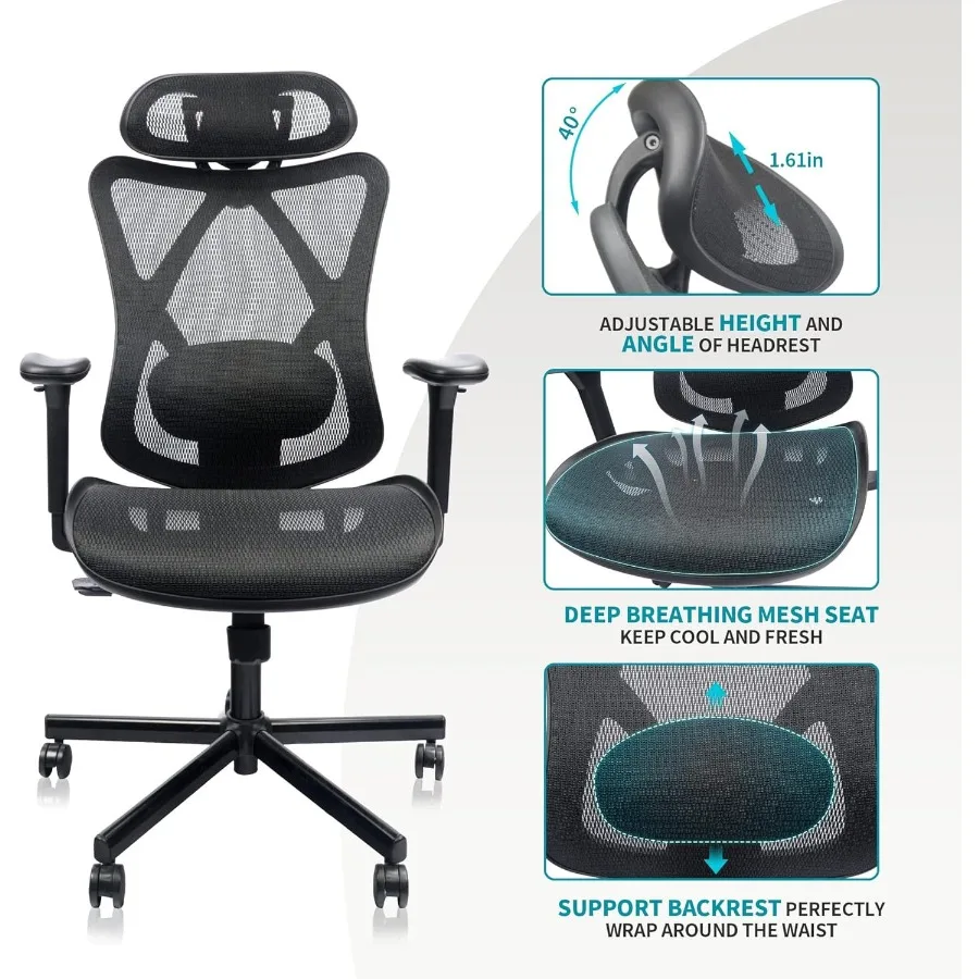 Silla de oficina de malla, sillas de oficina ergonómicas con ruedas, soporte Lumbar ajustable, reposabrazos, reposacabezas, respaldo alto inclinable, silla de escritorio con