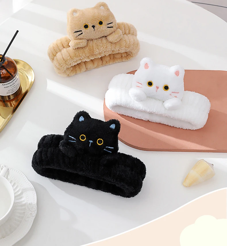 Niedliche Korallen-Fleece-Stirnbänder, elastisch, Cartoon-Katze, Make-up, Gesicht waschen, Haarbänder, weich, spurlos, Gesichts-Spa-Kopfbedeckung, Haar-Accessoires – Detail 1