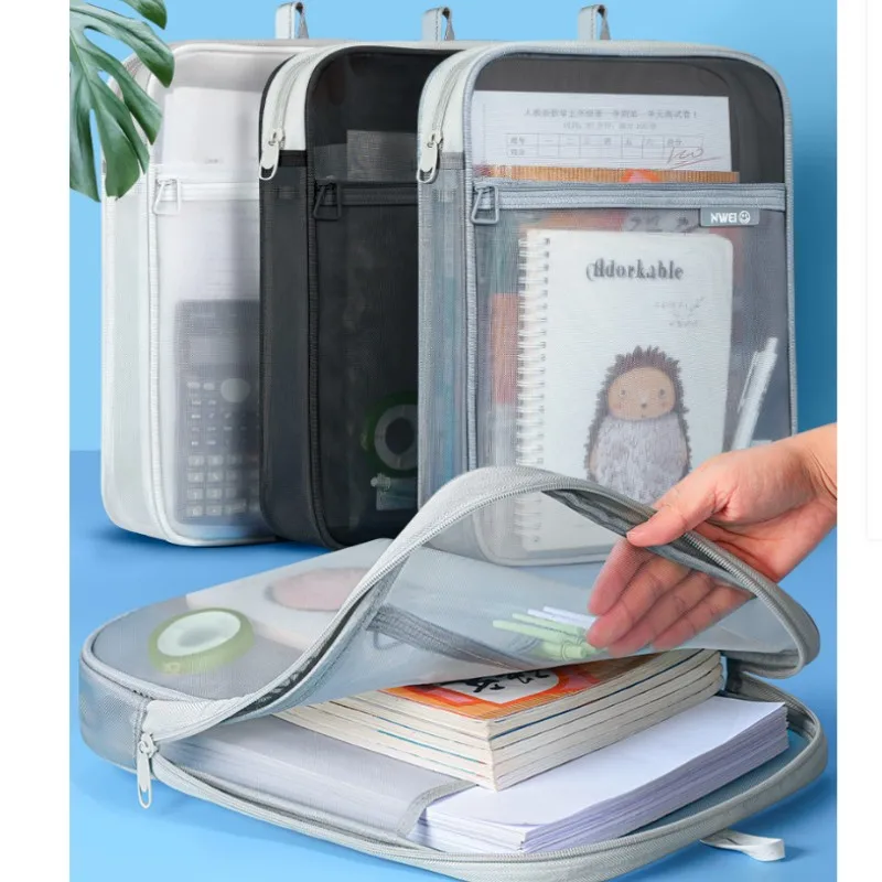 2pc Document Pocket Test Paper Folders Bag Zippered Portable Book Student Classification Data Storage File Bag Operation Filing