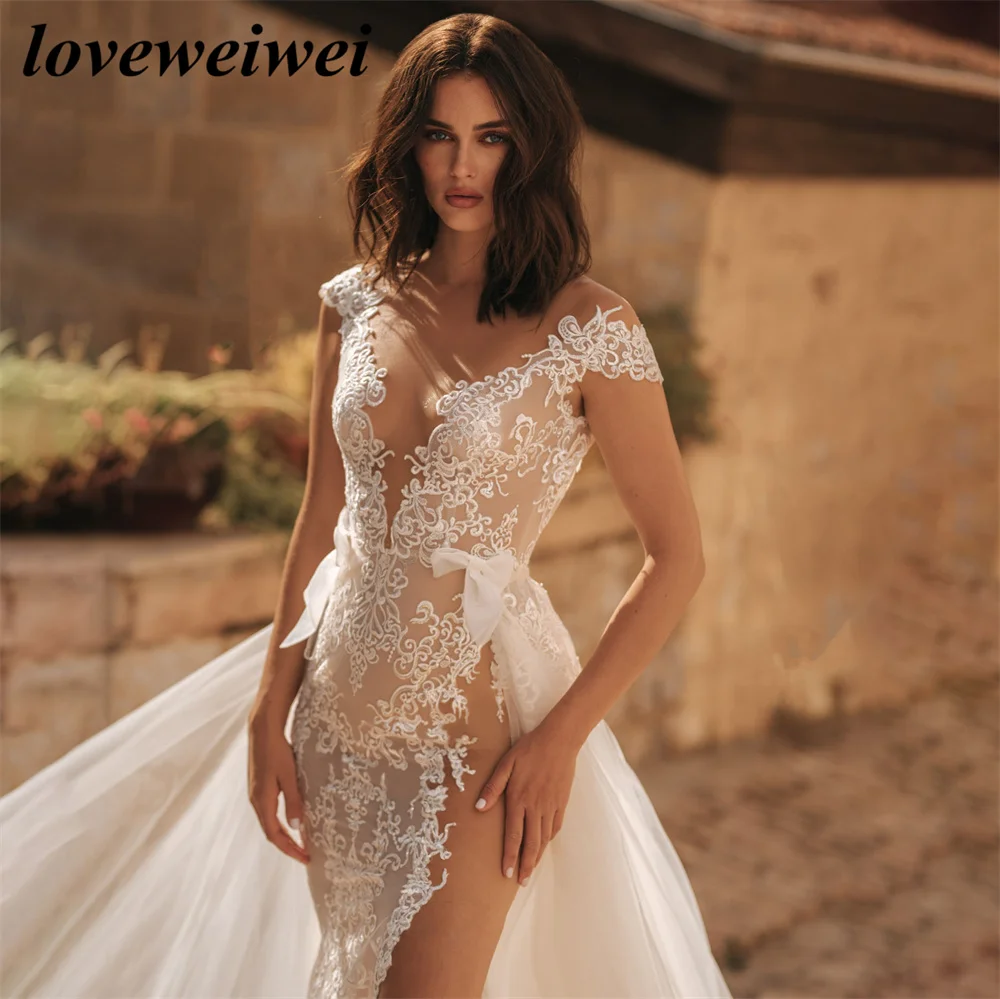 High Slipt Mermaid Sexy Wedding Dresses Lace Appliques Open Back Wedding Gowns Detachable Train Bridal Dress vestido de noiva