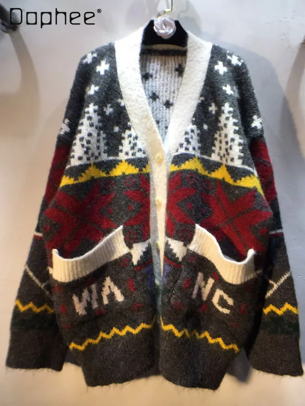 

Europe Station 2025 Autumn Winter New Vintage Jacquard Loose Slimming Mid-Length Thick Color Block Sweater Cardigan Coat